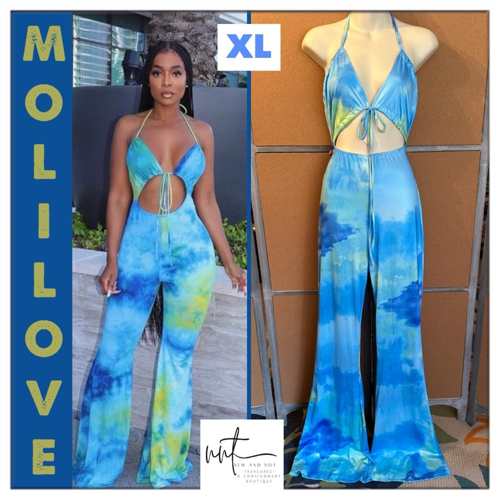 Molilove Women's Sleeveless Cutout Jumpsuit Lace Up Halter Printed Jumpsuit XL